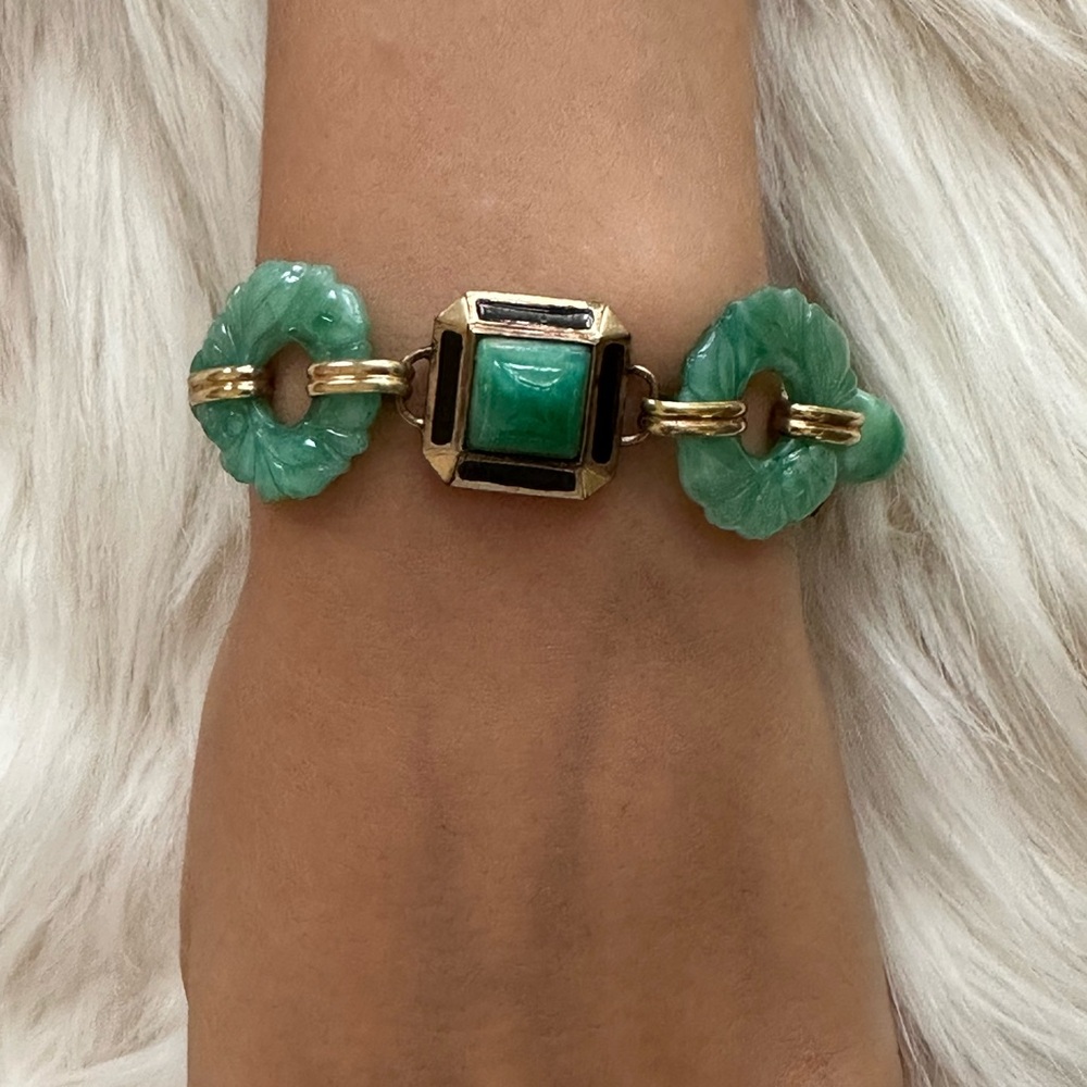 Carved Green Stone Link Bracelet with Gold Accents - Picture 2 of 9